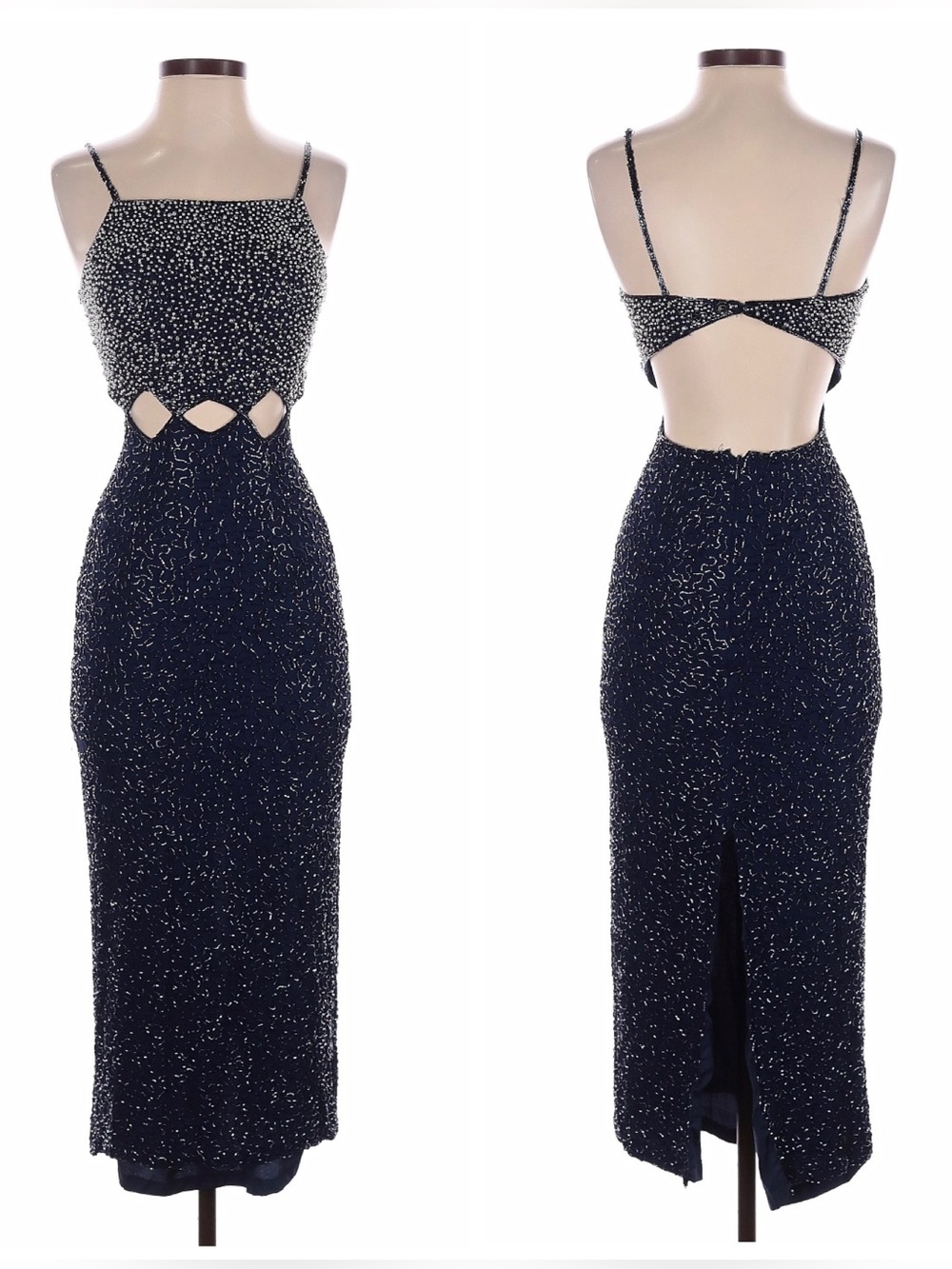 Vintage 90s Hand Beaded Cut Out Gown Prom Dress Silk Navy Formal Maxi Open Back